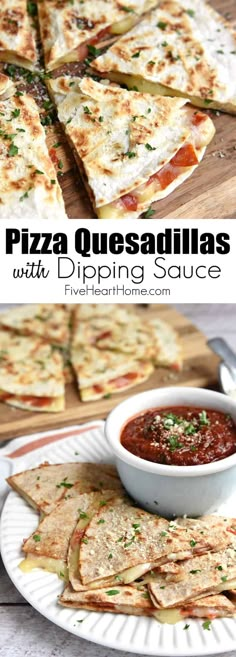 pizza quesadillas with dipping sauce on a white plate and in a bowl