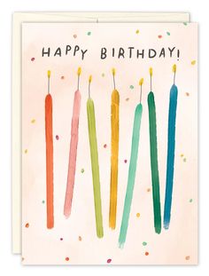 a birthday card with four candles on it and the words happy birthday written in bright colors