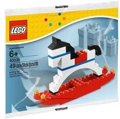 a lego box with an image of a dog on the sleigh in red, white and blue