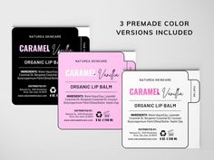 three different color versions of the same card, one in black and white with pink