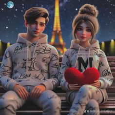 two people sitting on a bench in front of the eiffel tower, one holding a heart