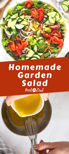 someone is holding a bowl with salad in it and the words homemade garden salad next to it