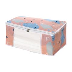 a pink and blue storage box with bears on it