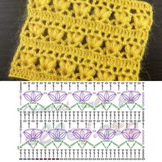 the crochet pattern is shown in yellow and purple, along with two rows of stitches