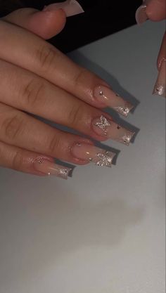 Square Nails Pearls, Natural Nails With Gems, Crystal Nails Short, Bedazzled French Tip Nails, Medium Long Square Nails, January Birthday Nails, Coffin Birthday Nails, Nails Designs Ombre, Glitter Wedding Nails