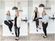 three photos of two women sitting on a counter in a kitchen, one is smiling and the other has her legs crossed