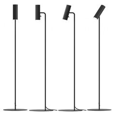 three black floor lamps with one light on each side and the other in different positions