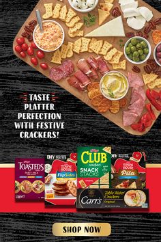 an advertisement for a cheese and cracker board with different types of snacks on it