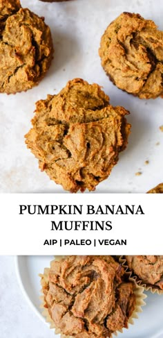 pumpkin banana muffins on a plate with the title above it