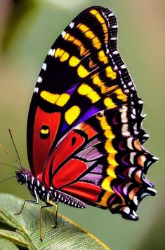 a colorful butterfly sitting on top of a green leaf