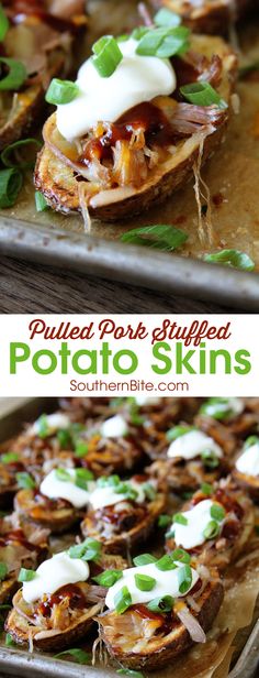 pulled pork stuffed potato skins with sour cream on top