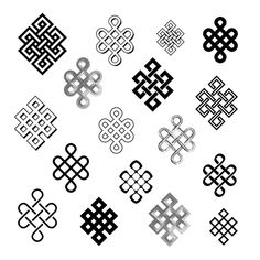 a collection of black and white symbols in the form of crosses, knots or intertwineds