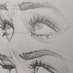 three different views of the eyes and eyebrows of a woman's face, drawn in graphite on paper