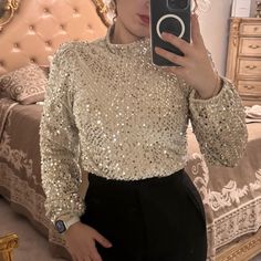 Never Worn Perfect Condition White Velvet With Silver Sequins Perfect For Holidays Sequins Tops For Women, Sparkle Top Outfit, Sequence Top, White Embroidered Blouse, Peplum Lace, Ruffle Long Sleeve Blouse, White Knit Top, White Peplum, Embroidered Tunic Top