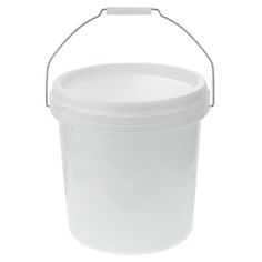 a white plastic bucket with a handle on the top and bottom, isolated against a white background