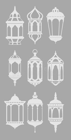 the silhouettes of different types of lanterns on a gray background royalty illustration