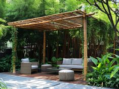 an outdoor living area with furniture and trees