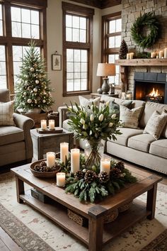 a living room decorated for christmas with candles and greenery on the coffee table in front of the fireplace