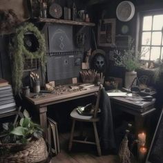 an old fashioned desk with lots of stuff on it in a room filled with plants