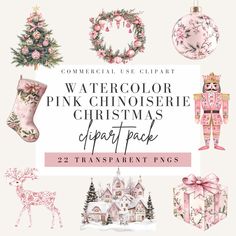 watercolor pink christmas clipart pack