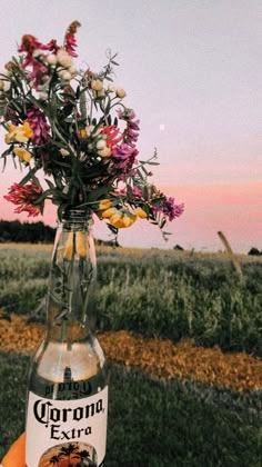 a person holding a bottle with flowers in it and the sky is pink, orange and yellow