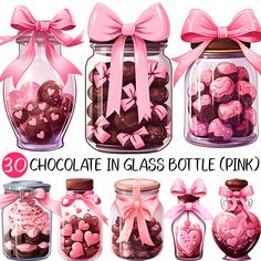 pink chocolate in glass bottle with bowknots and ribbons on white background, digital collage