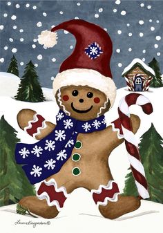 a painting of a gingerbread man holding a candy cane