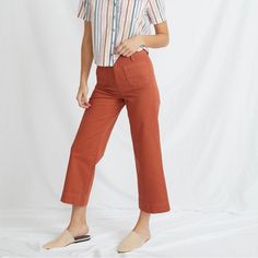 Color: Clay Size: 2 Slim Fit In The Waist To Hip Area Wide Leg Cropped Above The Ankle Pre-Washed For Softness 98% Cotton, 2% Elastane 2 Front Pockets, 1 Back Pocket Front Zipper And Button Closure Female Marines, Clay Color, Belt Jumpsuit, Velour Pants, How To Hem Pants, Slim Pants