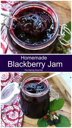 homemade blackberry jam in a jar with berries and leaves