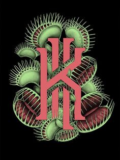 the letter k is surrounded by green and red germs on a black background