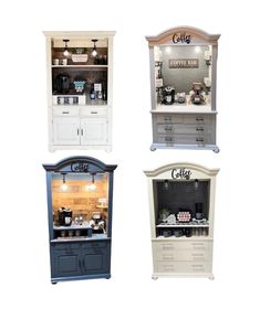 three different styles of coffee machines on display shelves with lights above them and below the cabinets