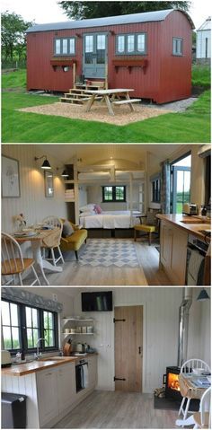 two pictures showing the inside and outside of a tiny house, with windows on each side