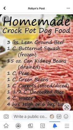 the recipe for homemade crock pot dog food is displayed on an instagram page