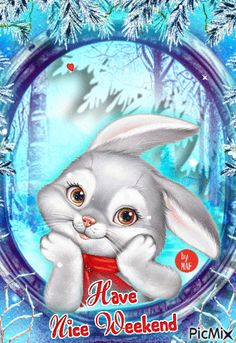 an image of a white rabbit with blue eyes and snowflakes in the background