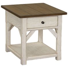 an end table with two drawers and one drawer on the bottom, sitting against a white background