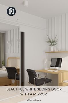 a white room with a desk, chair and computer on it that says beautiful white sliding door with a mirror