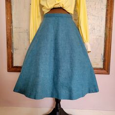 Handmade Vintage teal circle skirt. All measurements taken laying flat- Waist- 13 1/2", Hips-free, Length- 24". Blue A-line Skirt For Fall, Fitted A-line Green Skirt, Blue A-line Fitted Bottoms, Blue Retro A-line Skirt, Retro Blue A-line Skirt, Blue A-line Cotton Skirt, Turquoise Long Skirt For Spring, Fitted Turquoise Skirt For Spring, Turquoise Fitted Skirt For Spring