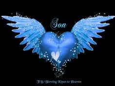 a blue heart with angel wings and the words son above it on a black background