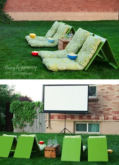 an outdoor movie is set up in the grass with green chairs and a projector screen