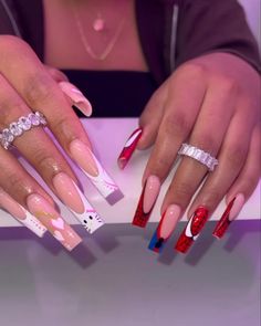 Pink Nail Inspo Y2k, Luxury Long Nails, Acrylic Nails Ideas Hello Kitty, Red Nail Set With Initial, Cute Nail Sets Art Designs, Bday Acrylic Nails, Square Acrylic Nails Colorful, Disney Long Nails, Spider Man And Hello Kitty Nails