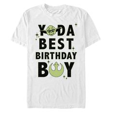 the yoda best birthday boy t - shirt is white with black lettering and an image of