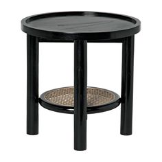 a small black table with wicker on the bottom and one shelf below it, against a white background