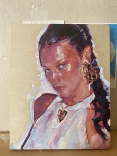 a painting of a woman with braids in her hair and wearing a white shirt