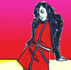 a drawing of a woman in a red dress and black leather jacket with her hand on her hip