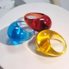 Set Of 3 Transparent Bubble Rings Comes With Blue, Red, & Yellow Tags Kawaii Rave Club Party Boho Bohemian Hippie Hippy Gypsy Punk Rock And Roll Grunge Edgy Alternative Contemporary Modern Concert Festival Unique Trending Trendy 60s 70s 80s 90s 00s Y2k Statement Spring Summer Beach Retro Vintage Streetwear Casual Goth Gothic Emo Hot Topic Dolls Kill Current Mood Iron Fist Blackmilk Tripp Trendy Red Party Rings, Trendy Blue Ring For Parties, Trendy Blue Party Ring, Rings Set For Women, Bubble Ring, Acrylic Ring, Minimalist Accessories, Metallic Party, Resin Acrylic