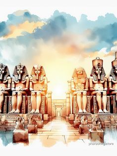 an artistic painting of egyptian statues in front of a sunset