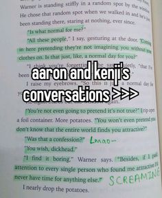 an open book with the words aaron and keni's conversations in green on it