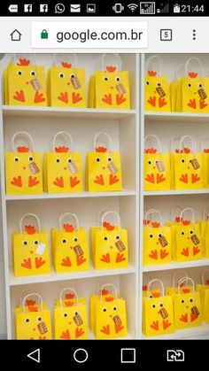 yellow shopping bags with faces drawn on them in front of white shelving unit shelves