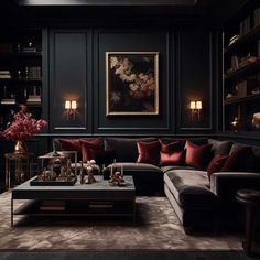 a living room filled with lots of furniture and bookshelves covered in dark walls