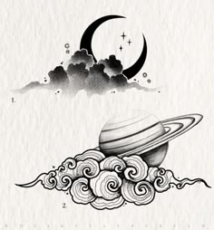 an ink drawing of saturn with clouds and stars